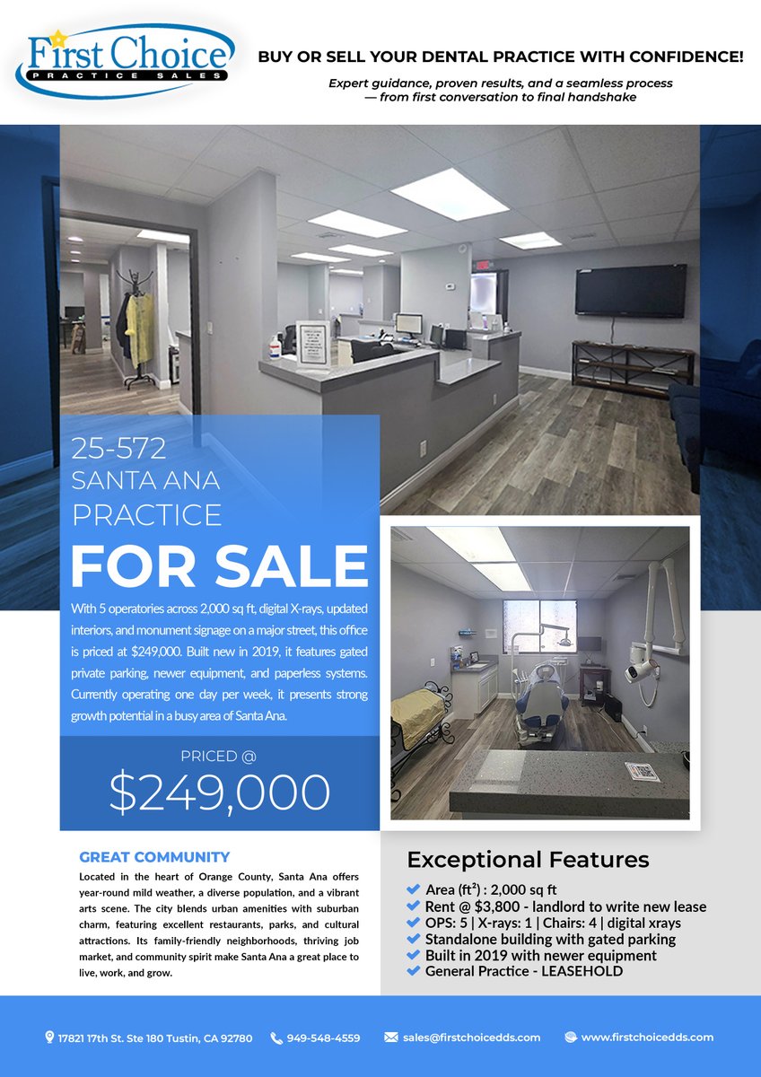 FirstChoicePS's tweet image. 🦷 Dental Office for Sale – Santa Ana, CA 

Modern operatories, loyal patient base &amp;amp; prime visibility in Orange County. Perfect for dentists ready to expand or step into ownership.  

👉firstchoicedds.com/dental-office-…

First Choice Practice Sales, Inc.
949-548-4559 |…