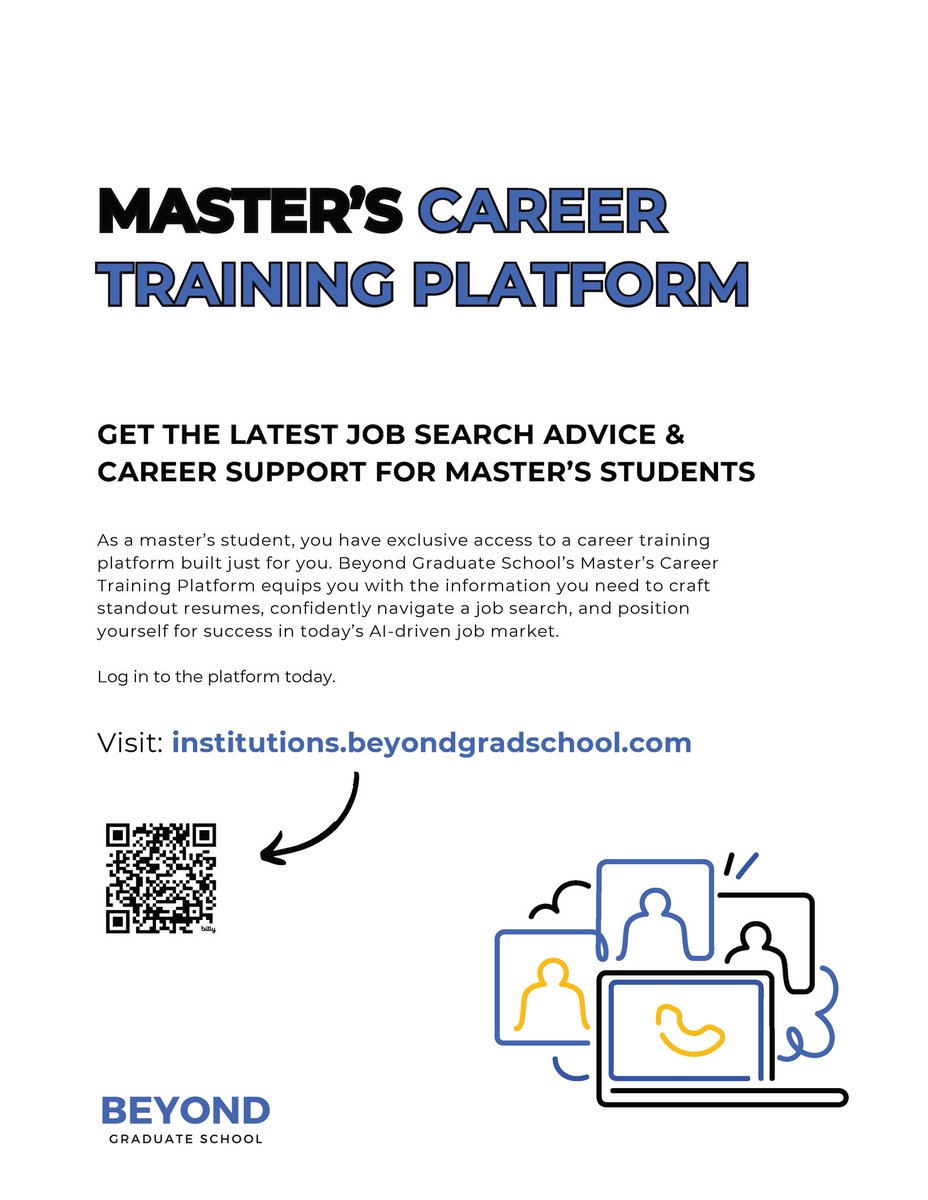 CSUSBgradstud's tweet image. CSUSB has subscribed to Beyond Graduate School’s Master’s Career Training Platform! On December 2nd at 12pm, Beyond Graduate School will host a special webinar to introduce CSUSB students to the platform. 

Register to attend at: institutions.beyondgradschool.com/webinar-set-up…