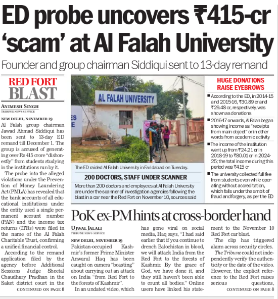 KaliKamlesh's tweet image. 🚨 ₹415 crore scam unearthed at Al Falah University. ED remands chairman Jawad Siddiqui till Dec 1. Fake PANs, unaccredited fees, and suspicious donations under scanner. #MoneyLaundering #EducationScam #EDProbe #RedFortBlast @opsinghips @sumitamisra