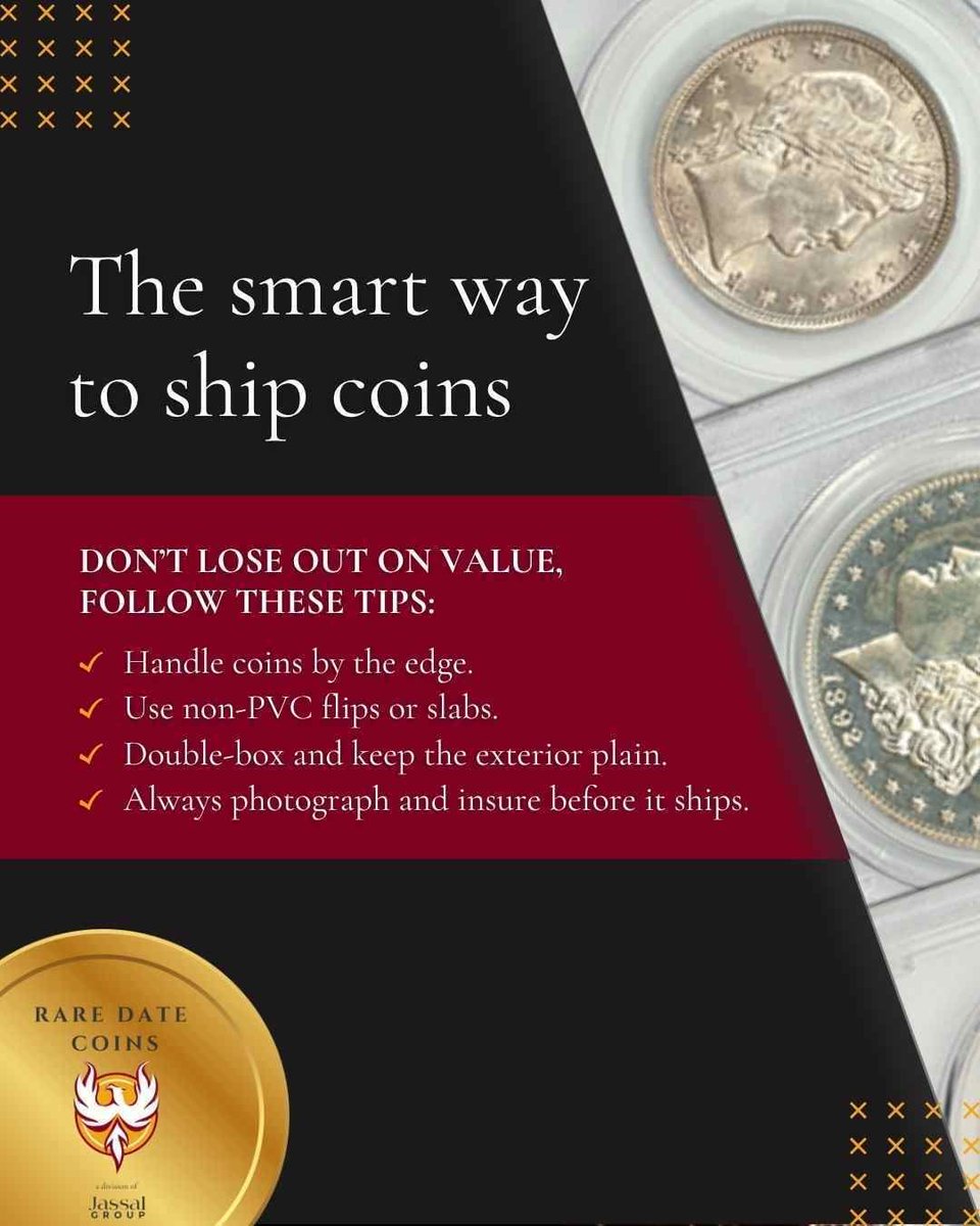 deepc's tweet image. Coins lose more to bad packaging than bad markets. 

Handle by the edge, use non-PVC flips, double-box &amp;amp; insure. Or meet us in a secure vault. 

Safe coins = full value. Contact us for more information raredatecoins.com/contact/ 

#CoinAppraisal #ShippingCoins
