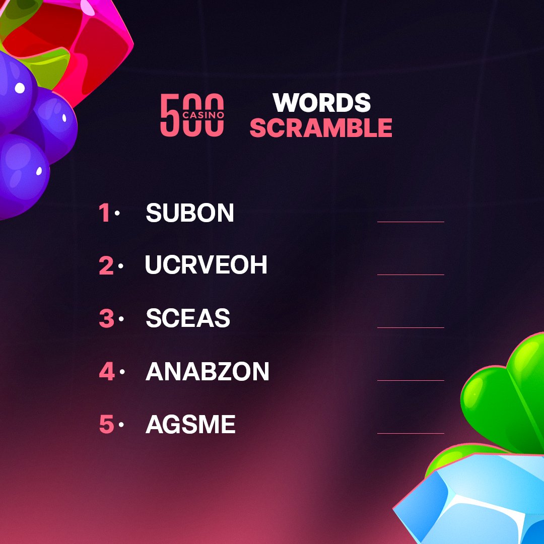 500Casino's tweet image. For $100, would you be able to unscramble these words? 👀

🔁 + Drop the solutions below 👇