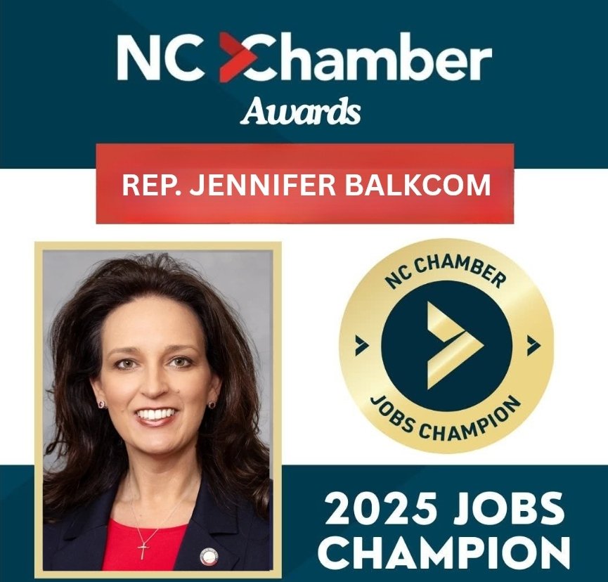 Honored to be recognized as a 2025 Jobs Champion by the <a href="/NCChamber/">NC Chamber</a> with a 92% lifetime voting score.
Strengthening NC’s business climate and supporting job creators. Grateful for this recognition and for all who help drive North Carolina’s economic success.
#NCJobs #NCChamber
