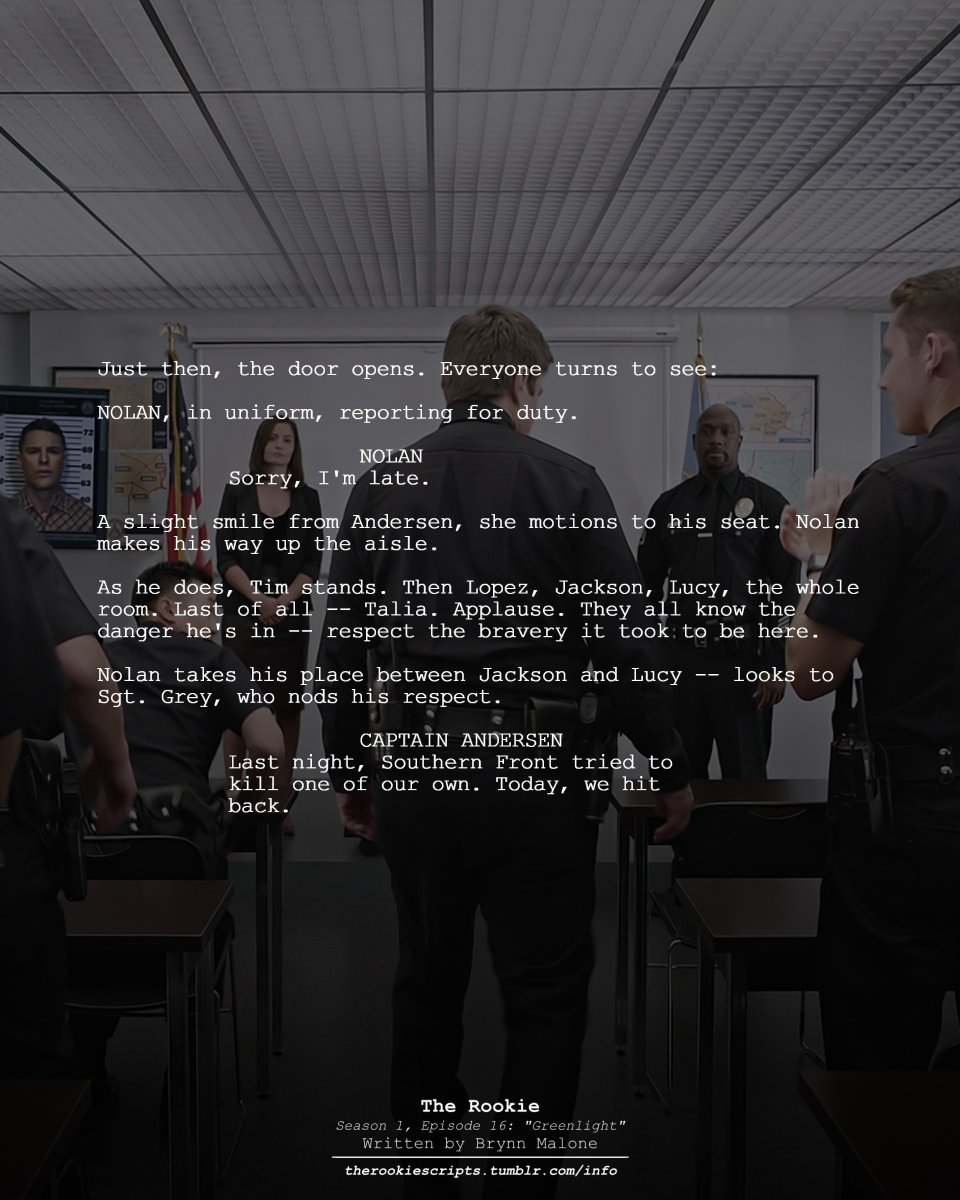 rookie_scripts's tweet image. Nolan comes into work. Everyone applauds. (As Seen)

— THE ROOKIE
Season 1, Episode 16: “Greenlight”
Written by Brynn Malone

#TheRookie #TheRookieScripts