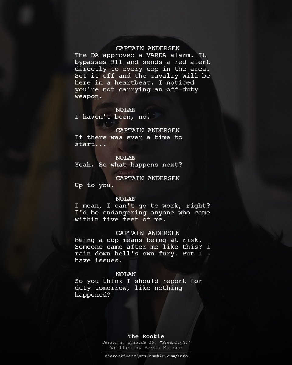 rookie_scripts's tweet image. Andersen encourages Nolan to carry off-duty. (Extended Scene)

— THE ROOKIE
Season 1, Episode 16: “Greenlight”
Written by Brynn Malone

#TheRookie #TheRookieScripts