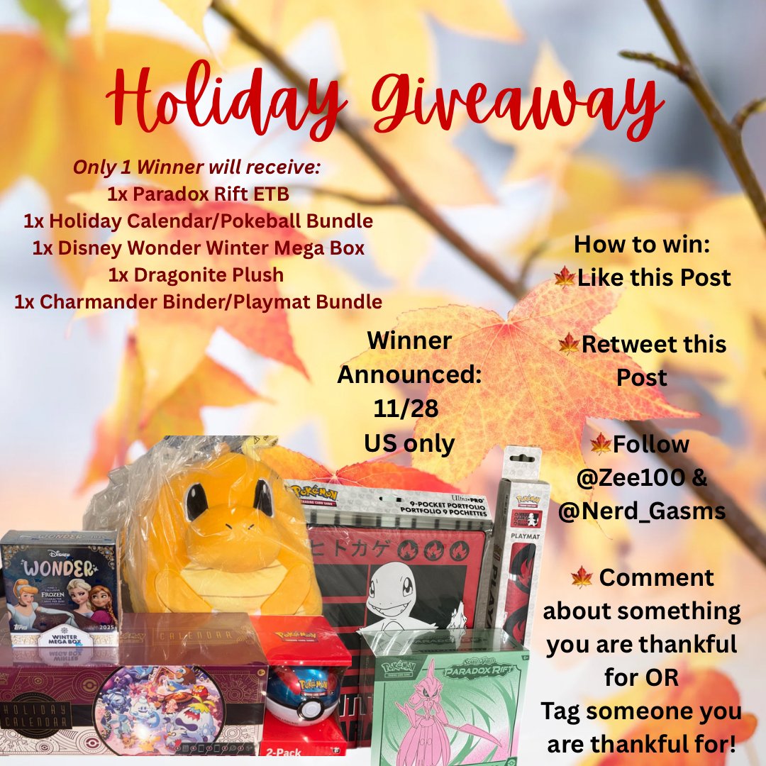 Nerd_Gasms's tweet image. 🍁 TCG Holiday Giveaway 🍁 

Teaming up with @Zee100 to spread some love with a dope givey! 

How to participate:

👍🏽 Like this post 

🔁 Retweet this post

🏃🏽‍♀️ Follow @Zee100 &amp;amp; @Nerd_Gasms 

💭 Comment about Something or Someone (tag them) you are thankful for.

+ Details below
