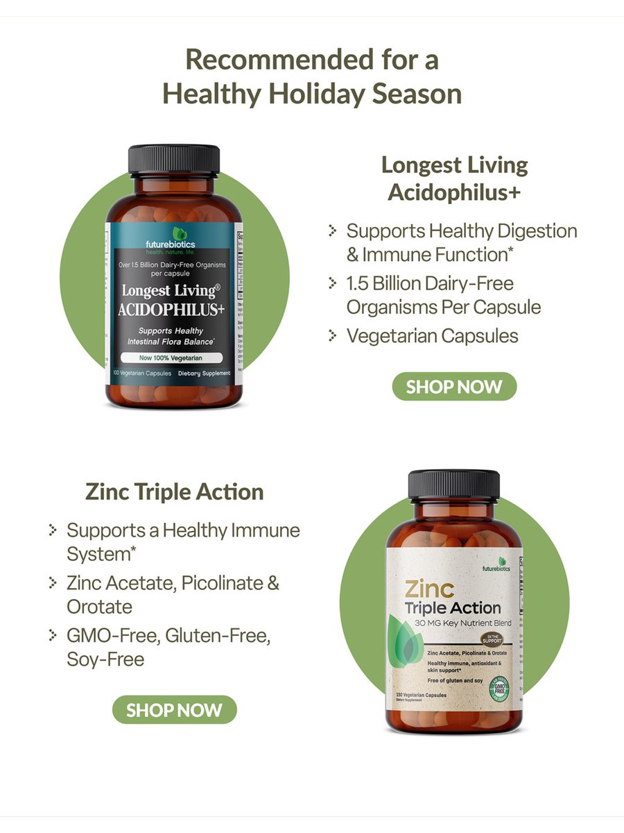 Futurebiotics's tweet photo. Check a couple of our recommended supplements for the holiday season! 💚

#immunesystem #zinc #acidophilus #probiotic #prebiotic #futurebiotics 

*These statements have not been evaluated by the FDA. This product is not intended to diagnose, treat, cure, or prevent any disease. https://t.co/3fx9TW2Sqr