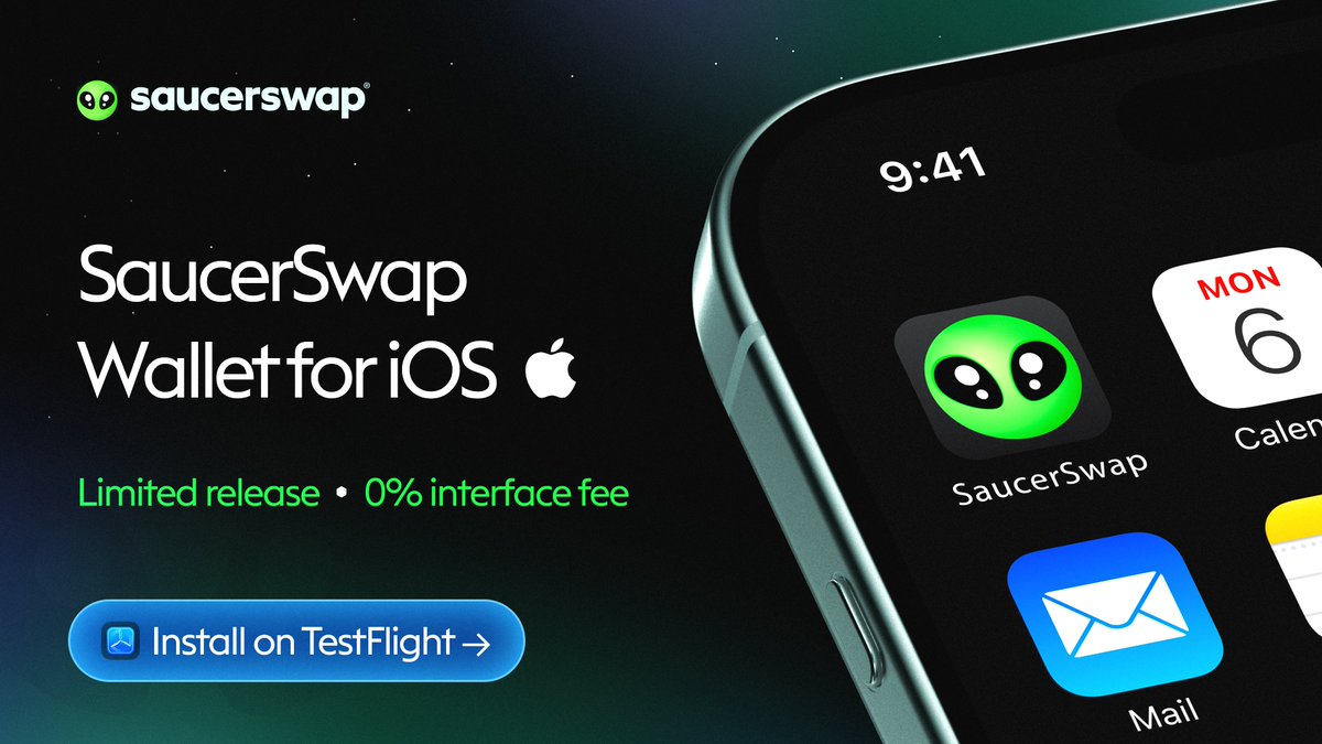 SaucerSwapLabs's tweet image. The SaucerSwap Wallet for iOS is here.  

Native HTS support. Zero interface fees.  

Polished, audited, and built for production. We are releasing it today via TestFlight. 

Here is the full context 🧵