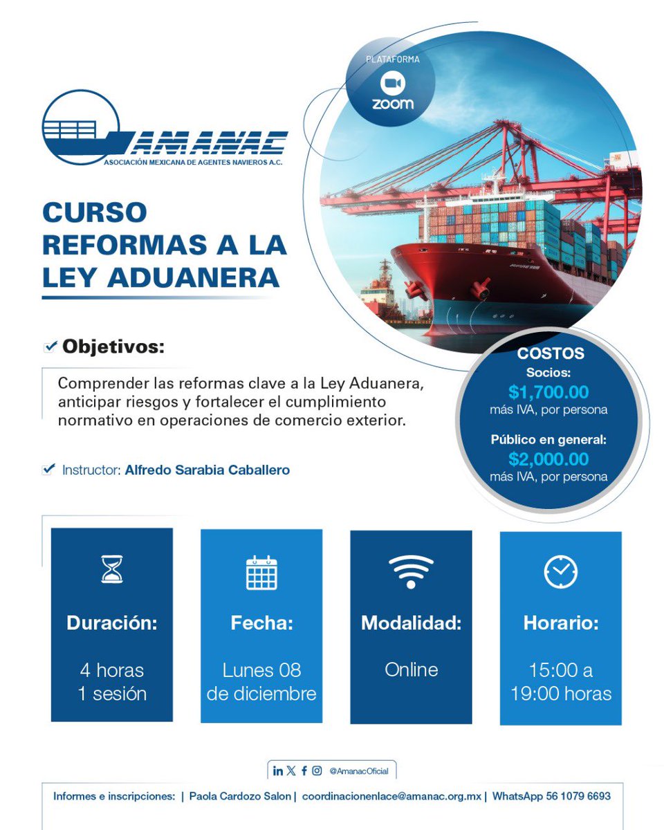 Inscríbete a nuestro curso “Reformas a la Ley Aduanera”.

Conoce las reformas actuales para anticipar riesgos y asegurar el cumplimiento normativo.

🕒 4 hrs | 💻 Zoom | 📅 08 dic
📩 coordinacionenlace@amanac.org.mx
📱 56 1079 6693

🔎 ¡Regístrate hoy! 🚢📑