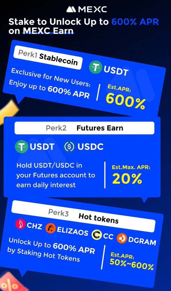💸 Earn Smarter on MEXC — Up to 600% APR Is Waiting!
Looking for a safer way to grow your crypto?
Stake, earn, and unlock massive APRs with MEXC Earn 🔥

✨ 3 Ways to Earn More:
1️⃣ Stablecoin Staking (New Users) — Enjoy up to 600% APR on USDT!
2️⃣ Futures Earn — Hold USDT/USDC in