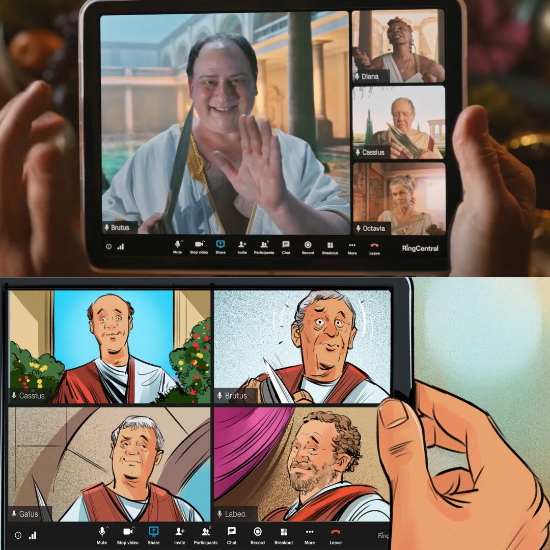 FamousFrames's tweet image. Turtleneck-clad duo Zak &amp;amp; Zach use RingCentral to warn Julius Caesar about the Ides of March in this commercial spot, with storyboard art by our artist Jeff Norwell.

Watch the full spot here: youtube.com/watch?v=4luPH-…