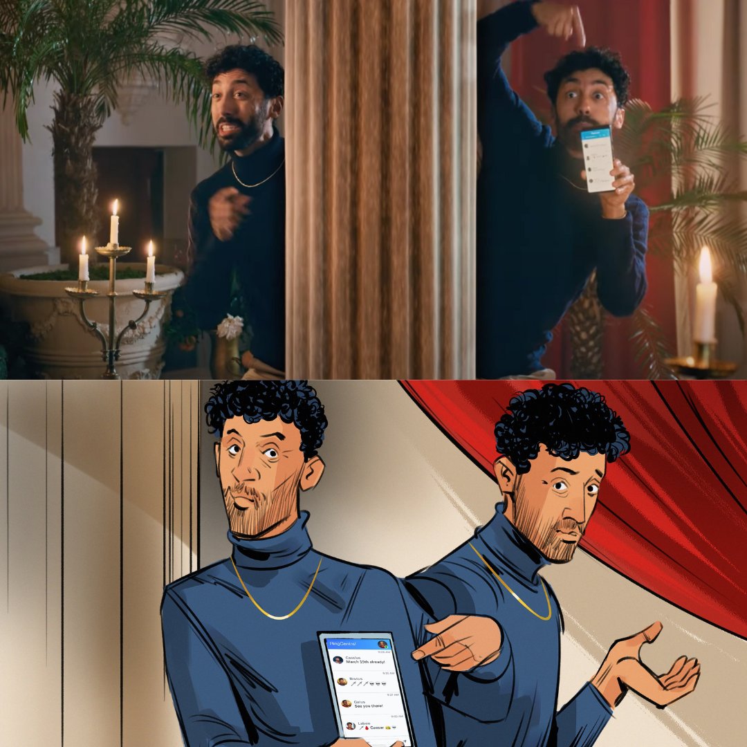 FamousFrames's tweet image. Turtleneck-clad duo Zak &amp;amp; Zach use RingCentral to warn Julius Caesar about the Ides of March in this commercial spot, with storyboard art by our artist Jeff Norwell.

Watch the full spot here: youtube.com/watch?v=4luPH-…
