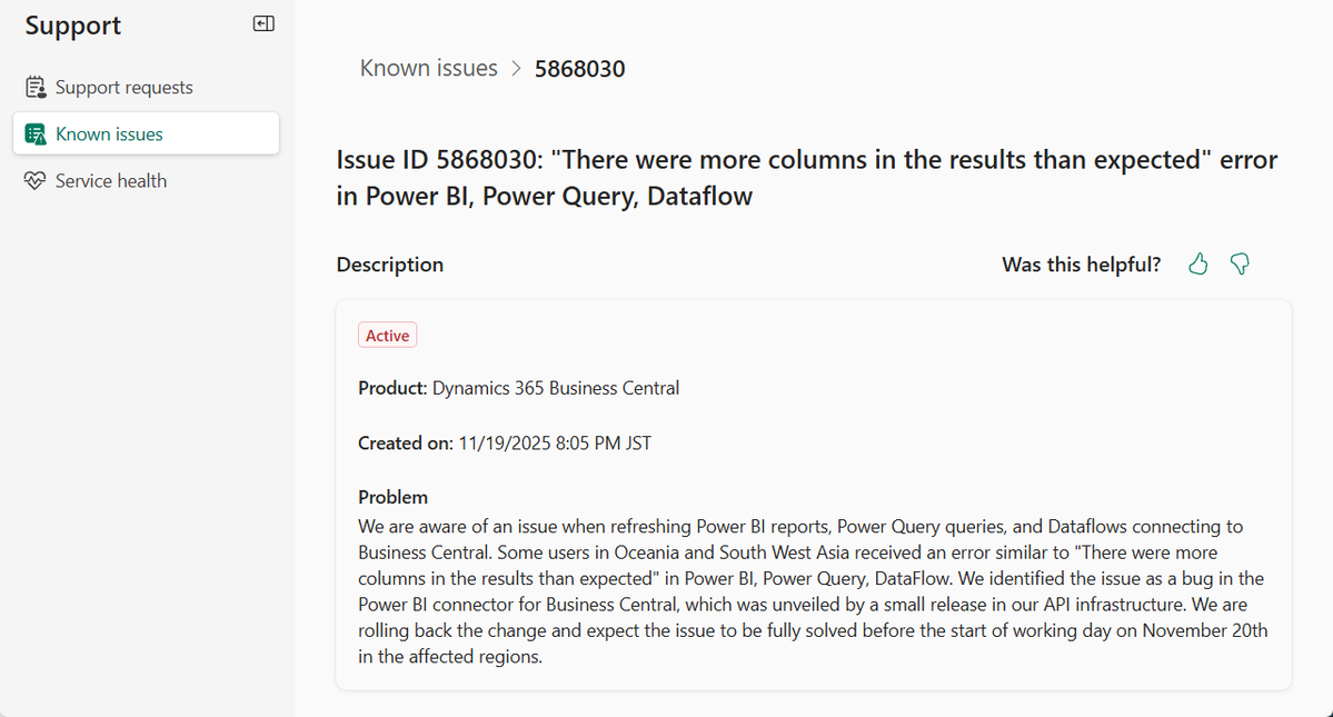 yzhums's tweet image. Business Central known issues:
Power BI connection issues with Business Central
admin.powerplatform.microsoft.com/support/knowni…
&quot;There were more columns in the results than expected&quot; error in Power BI, Power Query, Dataflow
admin.powerplatform.microsoft.com/support/knowni…
#MSDyn365
#MicrosoftDYN365 
#MSDyn365BC
#businesscentral