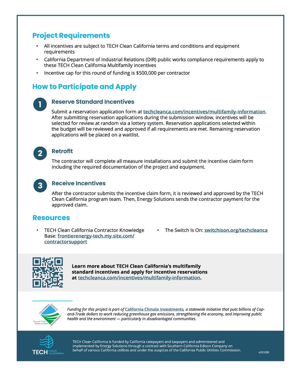 VCleanEnergy's tweet image. Open TODAY through Dec 12: TECH Clean California’s Multifamily Standard Incentives for retrofit upgrades in multifamily buildings. This includes heat-pump water heaters, electrical upgrades and more. 
Learn more:  zurl.co/2xl2d