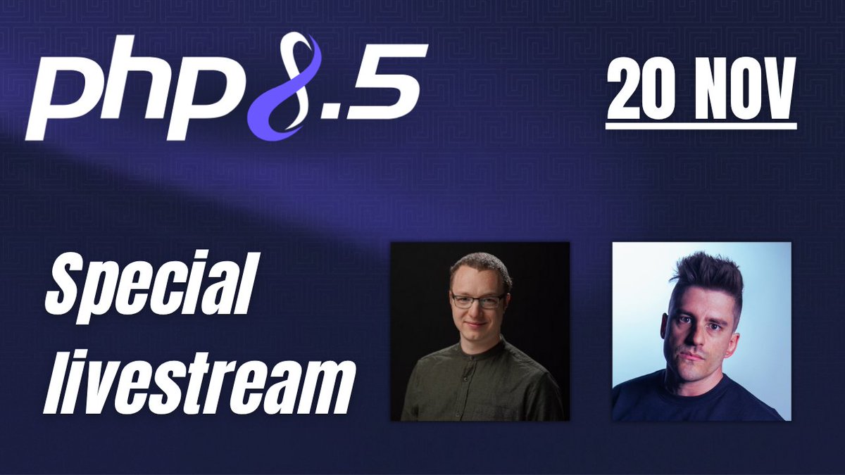 tomorrow, php 8.5 is getting released.. there will be a special livestream with <a href="/brendt_gd/">Brent</a> at 1pm utc on my channel covering everything: all the new features, changes, deprecations, and all the details!

here: youtube.com/@nunomaduro