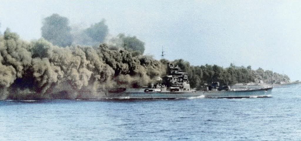 A Takao-class heavy cruiser deploying a smoke screen during an exercise.

The smoke screen was created by incomplete combustion of heavy oil, so I imagine the smell was terrible.