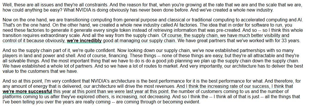 AlphaSenseInc's tweet image. $NVDA CEO Jensen Huang on bottlenecks that could constrain the company&apos;s growth:

&quot;Well, these are all issues and they&apos;re all constraints. And the reason for that, when you&apos;re growing at the rate that we are and the scale that we are, how could anything be easy? What NVIDIA is…