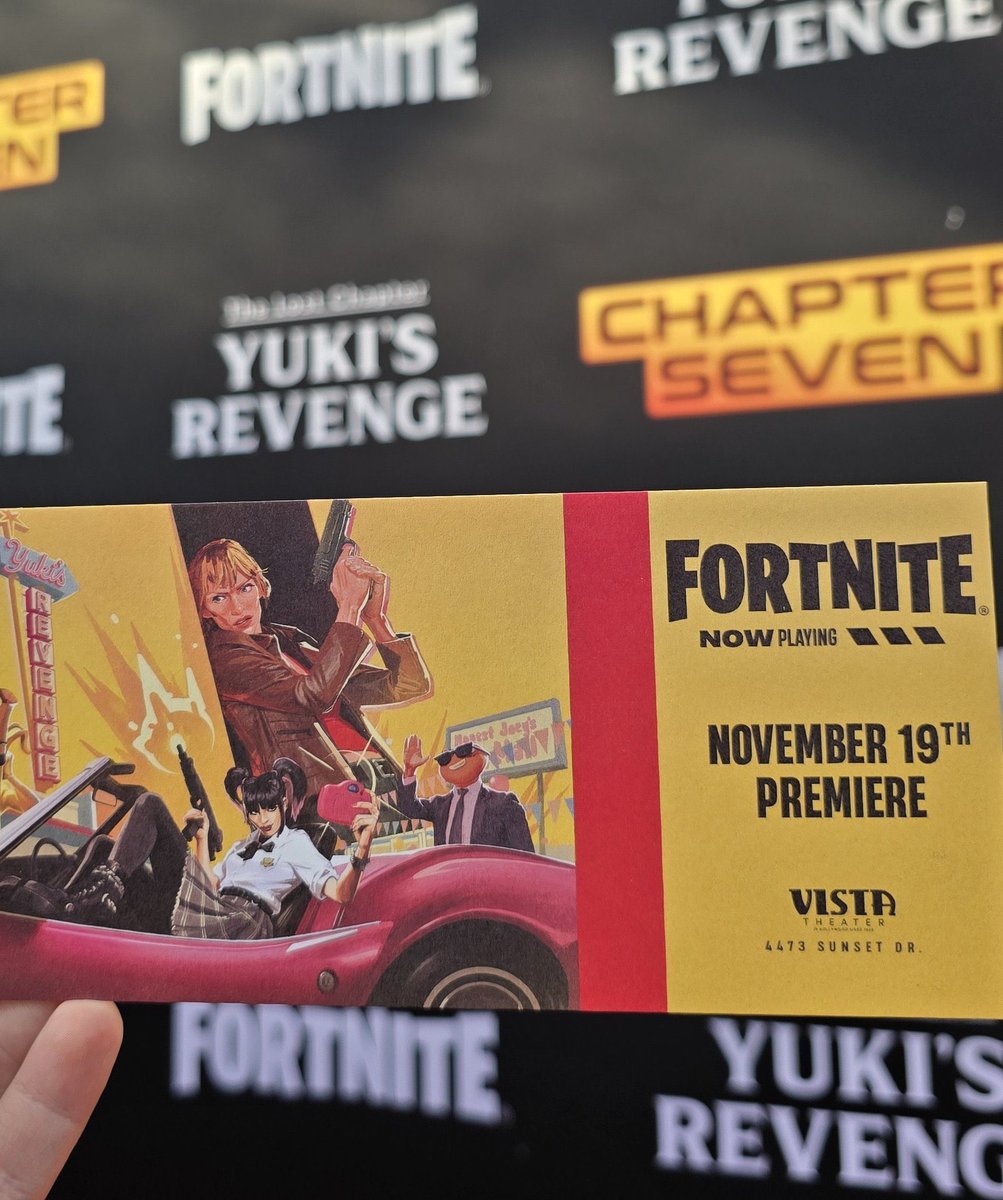 DiscussingFilm's tweet image. We’re at the launch event for Chapter 7 of Fortnite at Quentin Tarantino’s Vista Theater!