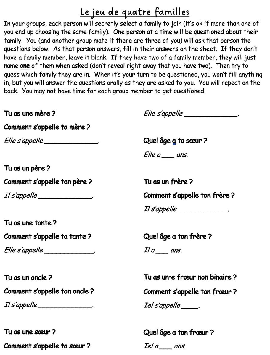 Here's a guessing game I made to get students talking about family members (without having to talk about their own family).  There are four similar families, and through asking and answering questions, students figure out which family their classmate belongs to.