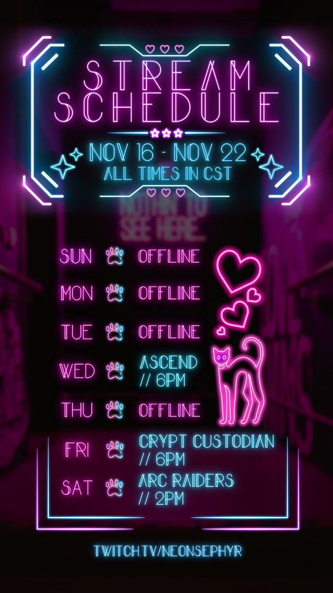 Almost forgot to post this again this week 😭

Finishing up Ascend today, starting a new game on Friday about being a little cat cleaning up the afterlife, and then some co-op ARC with the boyfriend on Saturday~

See y'all there 💜

twitch.tv/neonsephyr