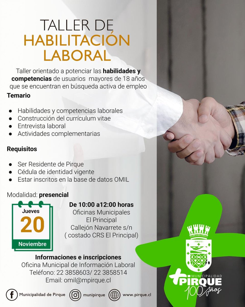 ¡Participa en el Taller de Habilitación Laboral!

Te esperamos mañana a partir de las 10:00 horas en las Oficinas Municipales El Principal (Callejón Navarrete s/n, costado del CRS El Principal).