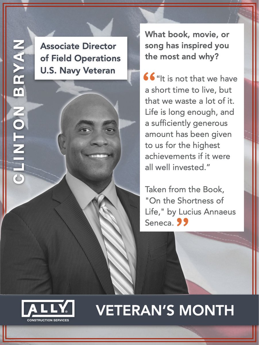 ALLYconstructs's tweet image. Today’s Veterans Month spotlight features U.S. Navy Veteran Clinton Bryan, who shared his favorite inspirational quote from the book that’s influenced him most. Thank you, Clinton, for your service and for all you do here at ALLY!

#ALLYConstructionSvcs #VeteransMonth #USNavy