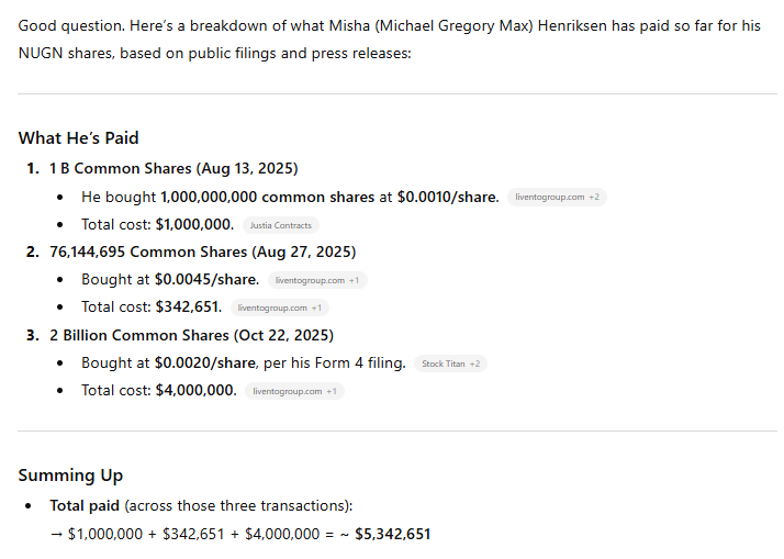 OwnTheFloat's tweet image. According to ChatGPT, Misha paid $5.34 MILLION for his $NUGN shares over time!

Can't wait to see things launch when this becomes $LIVG!