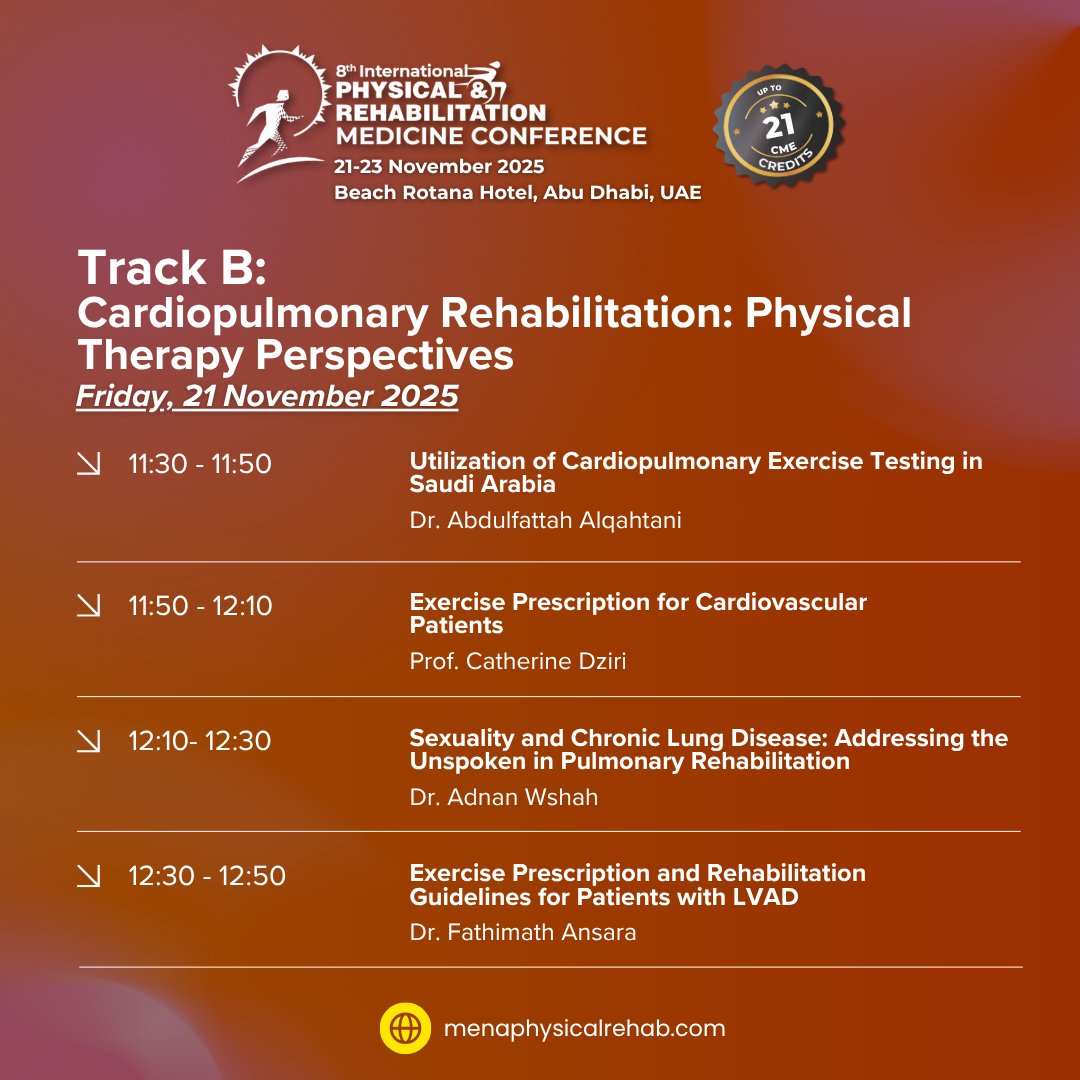 MENArehab's tweet photo. From cardiopulmonary rehab and exercise prescription to chronic pain management, interventional techniques, and fibromyalgia — Track B brings a powerful dual-theme lineup.

Register here: https://t.co/4vNXInxpXi

#pmr #rehabilitation #abudhabi #cme #physicalmedicine #rehab https://t.co/4Fn0pO01FM