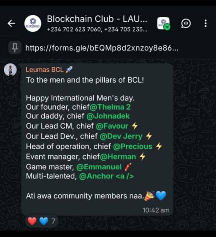 I almost forgot today is International Men’s Day..

But something reminded me and it hit differently

I was viewing the status of our Lead Community Manager at <a href="/BlockchainLAUT1/">Blockchain Club LAUTECH</a>   , Olusola Abidoye Oladejo when I came across a powerful tribute posted about the men in our community