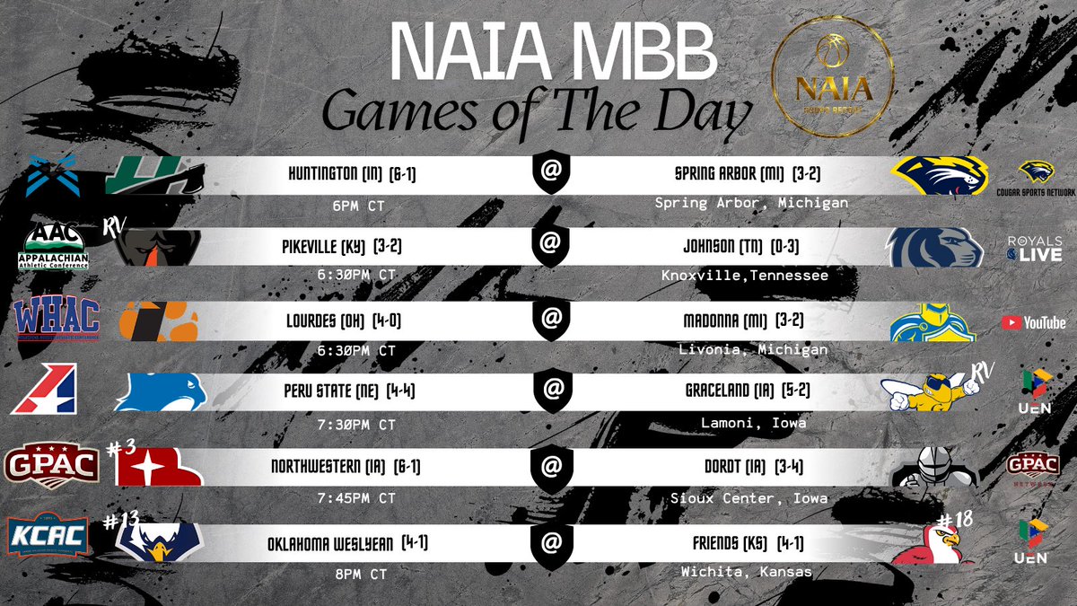 NAIAHoopsReport's tweet image. 💥NAIA MBB Games of the Day 💥 Nov. 19th

@HuntingtonHoops @ @SAUCougarsMBB 
RV @UPIKEBasketball @ @JohnsonRoyals 
@Lourdes_MBB @ @MUCrusadersMBB 
@PSCMenHoops @ RV @GracelandU_MBB 
#3 @NWCBasketball @ @DordtHoops 
#13 @OKWUeagles @ #18 @FriendsMBB 

Full Scoreboard…