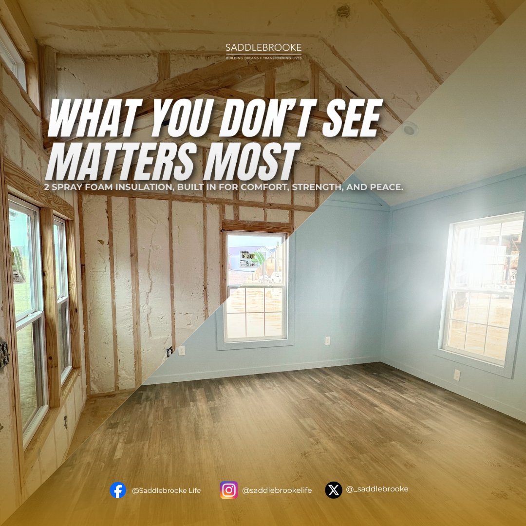 _saddlebrooke's tweet photo. Feel the Difference You Cannot See

Behind every SaddleBrooke home is a quiet kind of peace built into the walls long before you step inside.

Our closed cell insulation adds strength, reduces noise, and keeps your comfort steady through every season.
Less waste. More savings. More confidence in the home you choose.

Share this post if comfort and peace matter to you.

#saddlebrookelife #purposebuilthomes #PeacefulLiving #QualityYouCanFeel #HomeBuiltRight