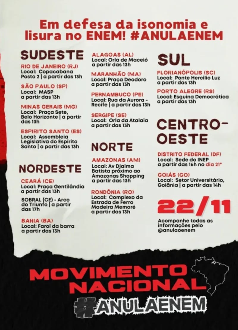 gatostudy's tweet image. #ANULAENEM 
DF- INEP DIA 21/11 16H
RJ- COPACABANA 22/11 13H
MA- PRAÇA DEODORO 22/11 13H
CE GENTILANDIA 22/11
SP-MASP 22/11 13H 
BA-FAROL DA BARRA 22/11 13H 
MG-PRAÇA SETE 22.11 13H
ES- ASSEMBLEIA LES. DO ES 22/11 13
GO-PRAÇA UNIVERSITÁRIA 22/11 13H