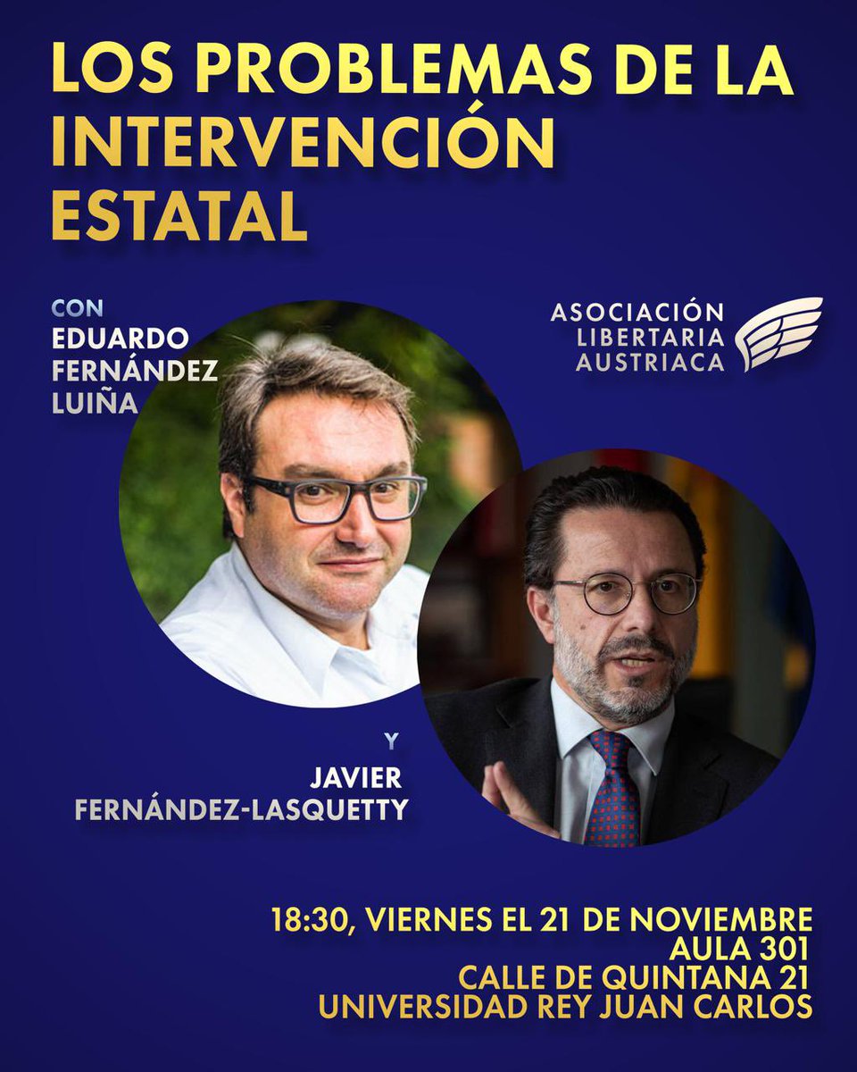 El próximo viernes 21 de Noviembre estaremos en el Campus de Quintana de la URJC con <a href="/edu_amagi/">Eduardo Fernández Luiña</a> y Javier Fernández Lasquetty en una ponencia sobre los problemas de la intervención estatal. 

Os esperamos a todos!