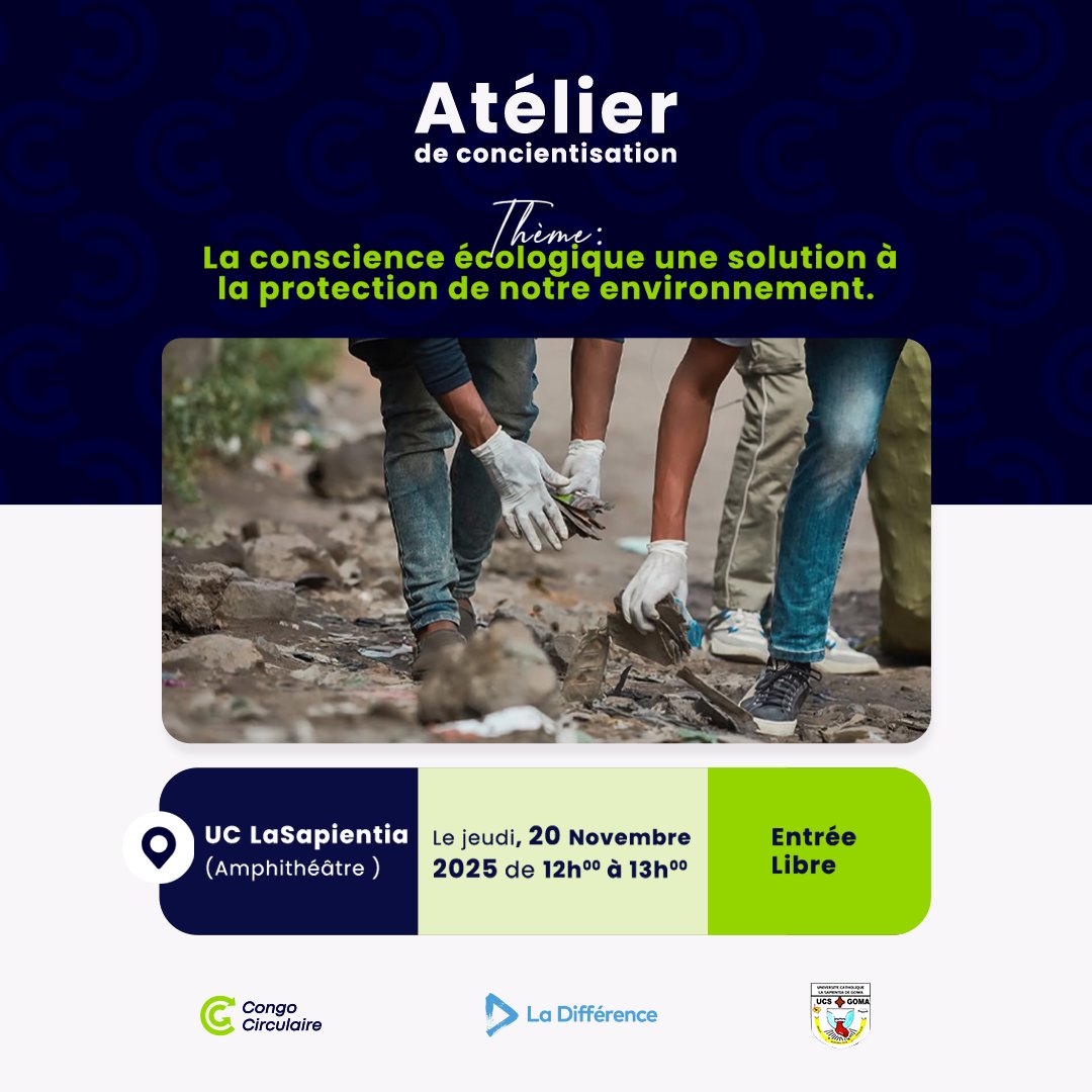 La pop. de #Goma fait face à des défis environnementaux. Passons à une économie circulaire et aux bons gestes écologiques ♻️
Ce 20 nov 2025, <a href="/UCS_Goma/">UCS-Goma</a> avec <a href="/CongoCirculaire/">Congo Circulaire</a> et <a href="/LaDifferenceDRC/">La Différence</a> organisent une séance de sensibilisation pour la communauté universitaire.
✨ Karibu