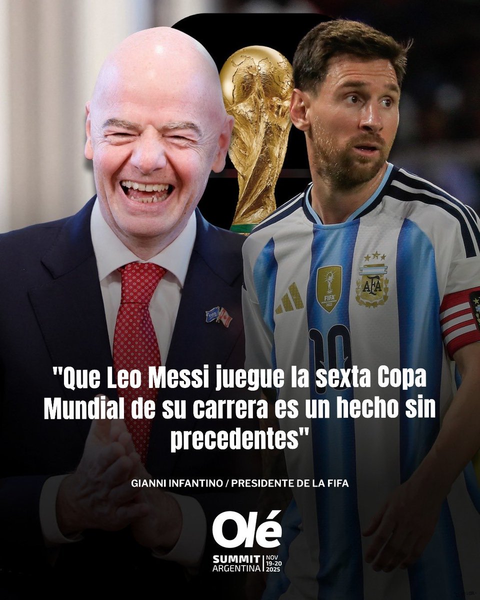 Footy_Insights's tweet photo. 🚨🗣️Gianni Infantino (FIFA President) at the Olé Summit ;

“Messi has been crucial for the growth of the sport in the U.S. He is a respected and recognized idol by all, a true ambassador who continues to break records in the MLS. Leo Messi playing in his sixth World Cup next year will be an unprecedented event."