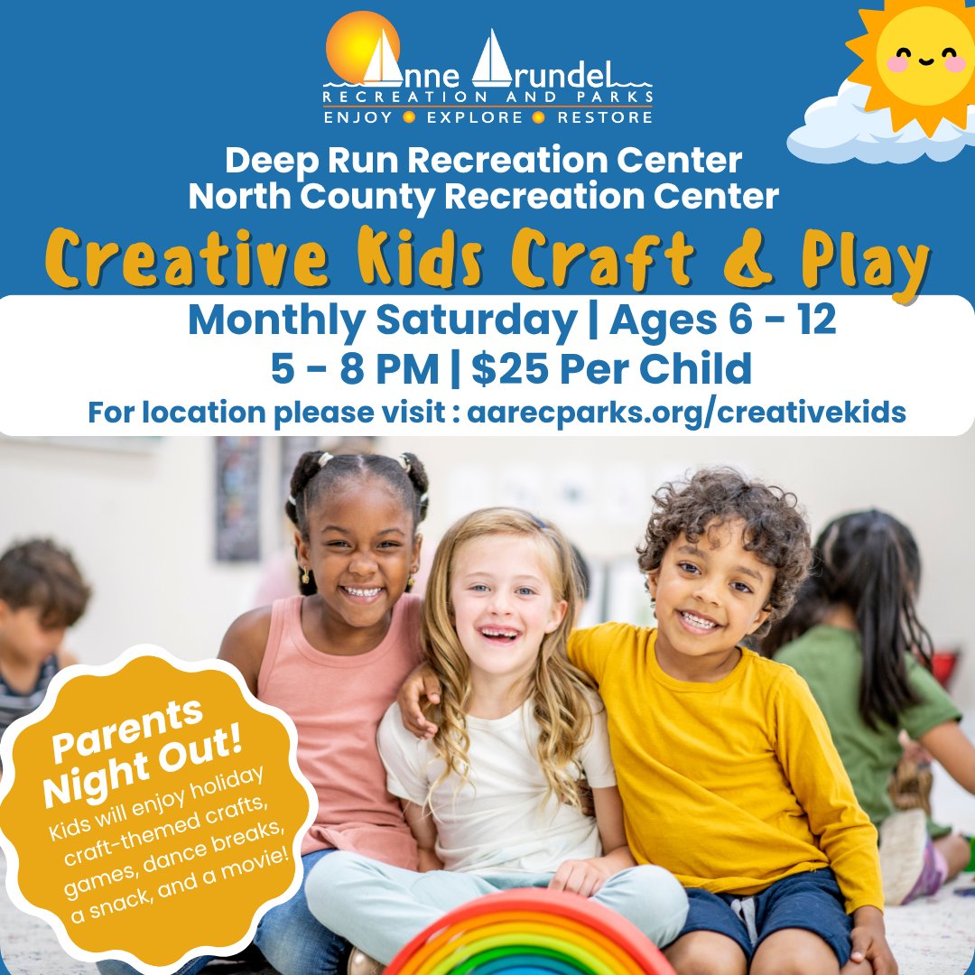 🎨 Parents' Night Out: Creative Kids Craft &amp; Play!
Need a night off? Drop the kids off for a fun-filled evening of crafting and play with Anne Arundel County Recreation and Parks! Kids (ages 6–12) will enjoy.
For specific dates and locations, visit: ➡️ aarecparks.org/creativekids