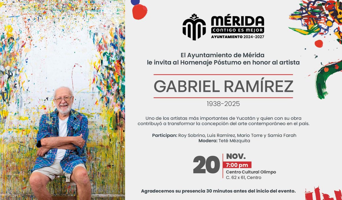 Acompáñanos a recordar y celebrar el legado del maestro Gabriel Ramírez Aznar en un encuentro guiado por las voces que compartieron con él su pasión por el arte, el 20 de noviembre en el Centro Cultural Olimpo, a las 7:00 p.m. Acceso libre. #MéridaContigoEsMejor  <a href="/CeciliaPatronL/">Cecilia Patrón Laviada</a>