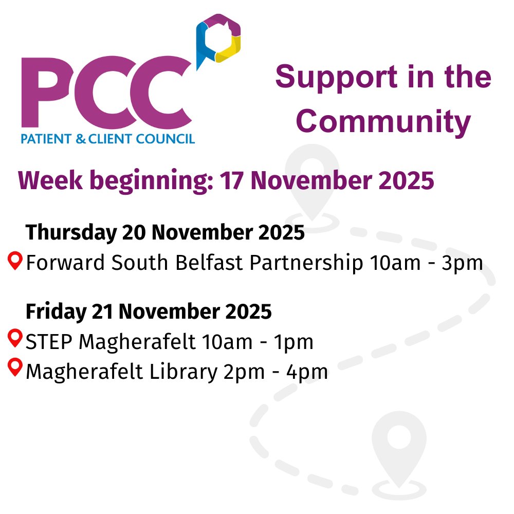 PatientClient's tweet image. Where can you find #TeamPCC this week?⬇️

Come along to one of our Support in the Community dates below to hear about our work and get free independent advice about your health or social care concern

✅No booking required 

More info pcc-ni.net/pcc-support/pc…