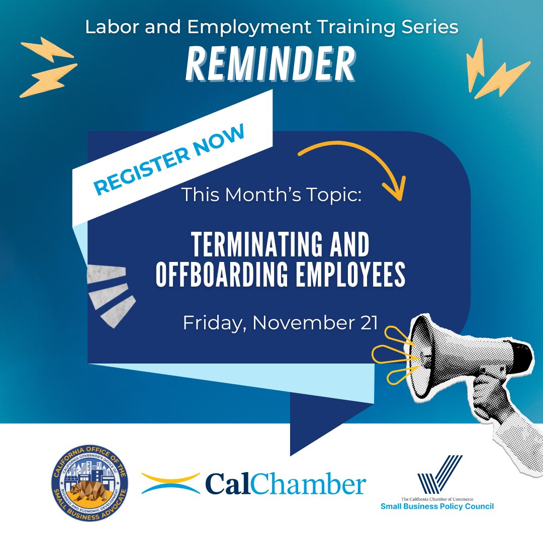 CaliforniaOSBA's tweet image. 🚨 Last chance this year! Our final CalOSBA x CalChamber webinar is Nov 21.
Topic: Terminating &amp;amp; Offboarding Employees ⚖️💼
Learn: at-will basics, discipline steps, compliance, final pay rules.

📅 Nov 21 | 🕐 1 hr | Free
💻 Register: bit.ly/4qAkjEF 
#CalOSBA #SmallBizCA