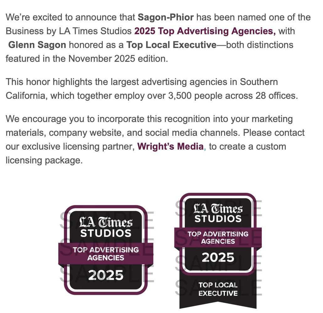 sagonphior's tweet photo. Proud moment:
Sagon-Phior named one of the Top Ad Agencies of 2025 by LA Times Studios — and my partner Glenn Sagon named a Top Local Exec.

Decades of partnership. A legacy of strategy + emotion.

#TopAgency2025 #LATimesStudios #SagonPhior #CreativeLeadership https://t.co/TmcL8OaPF9