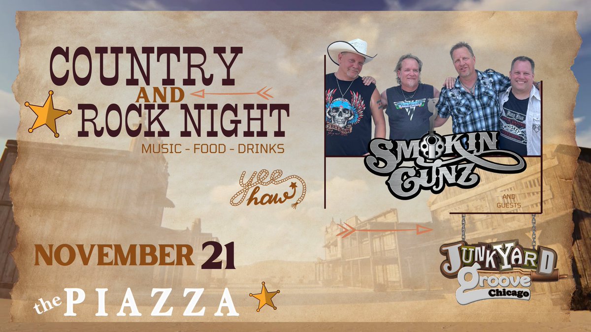 Get ready to rock out at The Piazza! 🎸 Join us Nov 21 for County and Rock Night - Smokin Gunz w special guest Junkyard Groove. Prepare for an unforgettable blend of Country &amp; Classic Rock! Doors open at 7PM, showtime at 8PM. #ThePiazza #SmokinGunz #JunkyardGroove #AuroraIL 🤘🔥