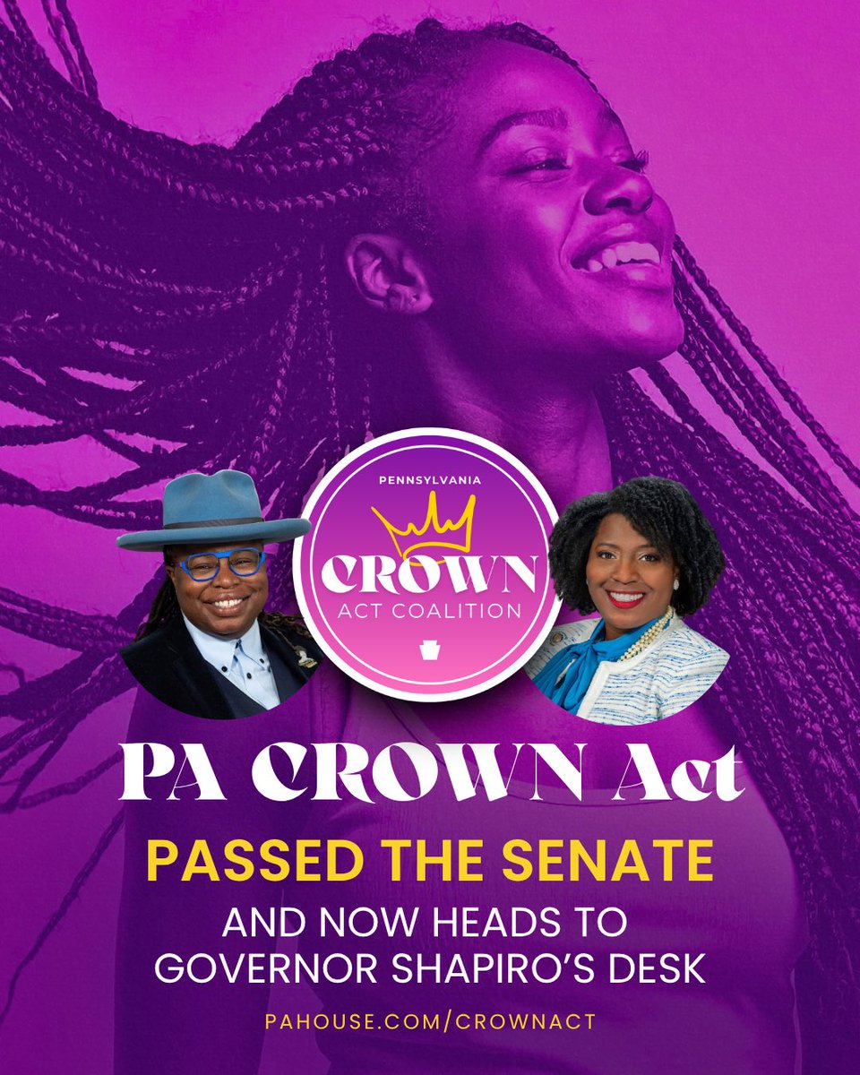 latashaforpa's tweet photo. The Pennsylvania CROWN Act just passed the PA Senate 44-3! 👑

Today, we end hair discrimination, protect natural hair, and affirm dignity for more Pennsylvanians.

#repmayes #pacrownact #thecrownact #crownact #passthecrown #hairdiscrimination #pahouse #pennsylvania https://t.co/Ywi0NCEDUZ