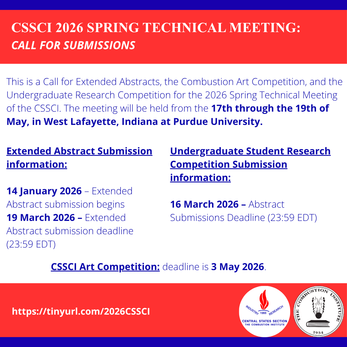 Combustion_Intl's tweet image. Attention all #CSSCI members! The 2026 Spring Technical Meeting call for extended abstracts is out now. Check cssci.org and your email for more information. Abstracts are due 19 March 2026. #Combustion #CombustionInstitute #CombustionScience #CallforPapers