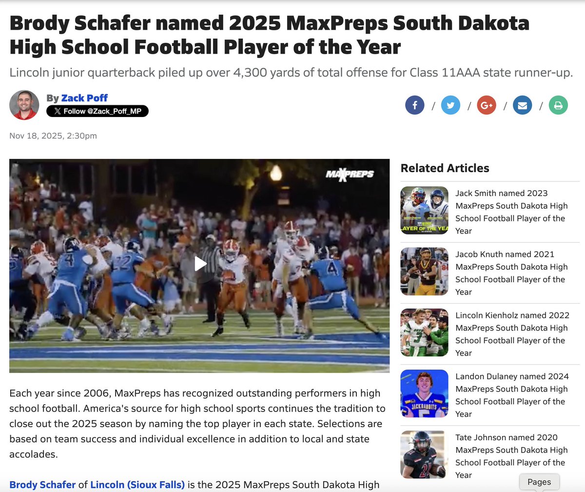 Congrats to Lincoln's Brody Schafer on being named the 2025 MaxPreps South Dakota Player of the Year.  

The junior QB finished with 3,023 yards passing and 39 TDs to go with 1,288 yards rushing and 18 more scores for one of the best teams in the state.

<a href="/Brody4Schafer/">Brody Schafer</a> |