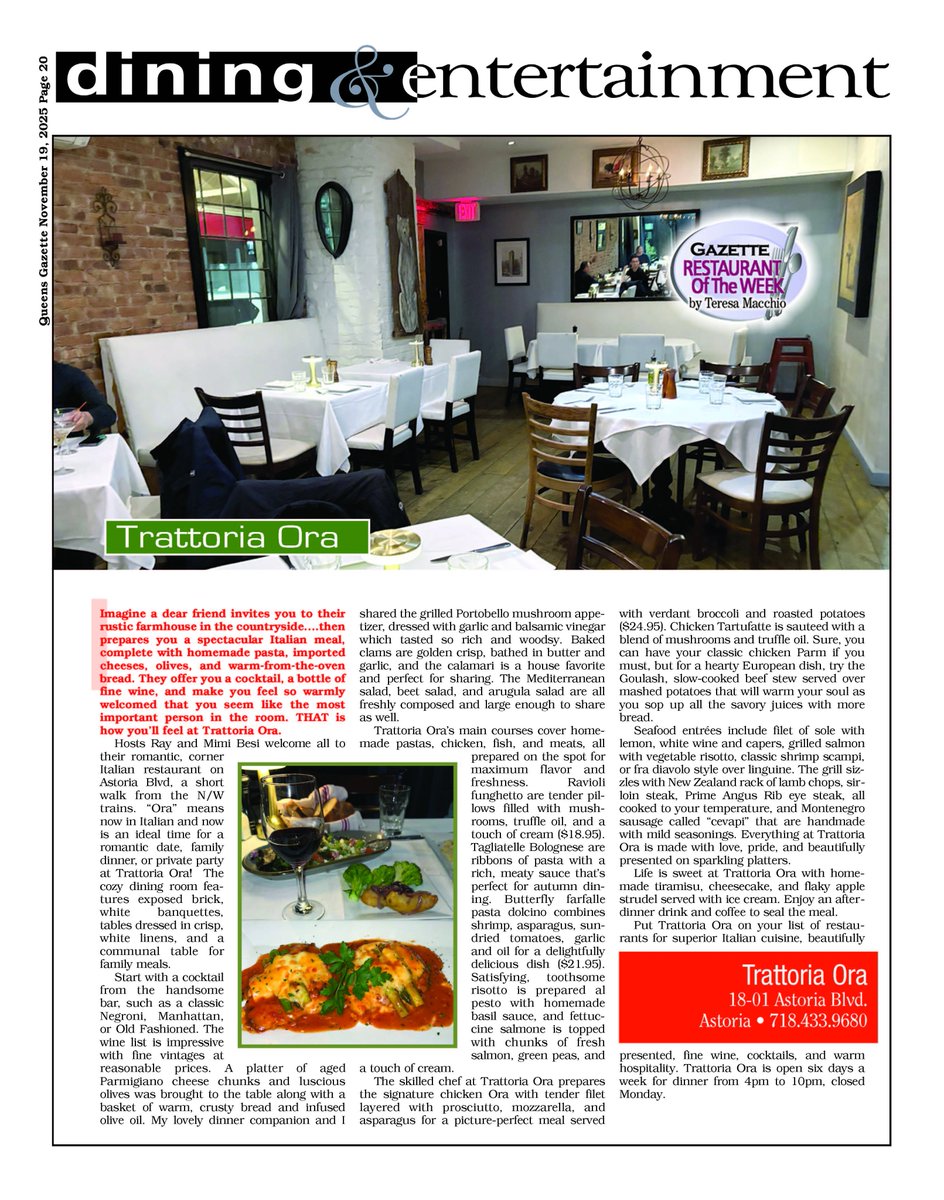 Gazette review of the week is: Trattoria Ora
18-01 Astoria Blvd.
Astoria • 718.433.9680
Read the full review at: qgazette.com/articles/tratt…
