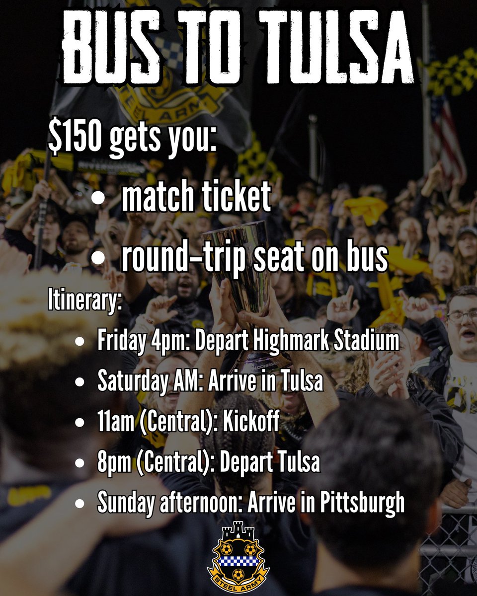 SteelArmy's tweet image. The Bus To Tulsa Is Happening! 

(A statement never uttered with excitement before now)

$150 gets you a seat on the bus AND a match ticket ($57 value)

Depart from Highmark at 4pm on Friday.

Returns Sunday afternoon.

Here to answer question

Buy here:
buy.stripe.com/14AfZiaGudG2bm…
