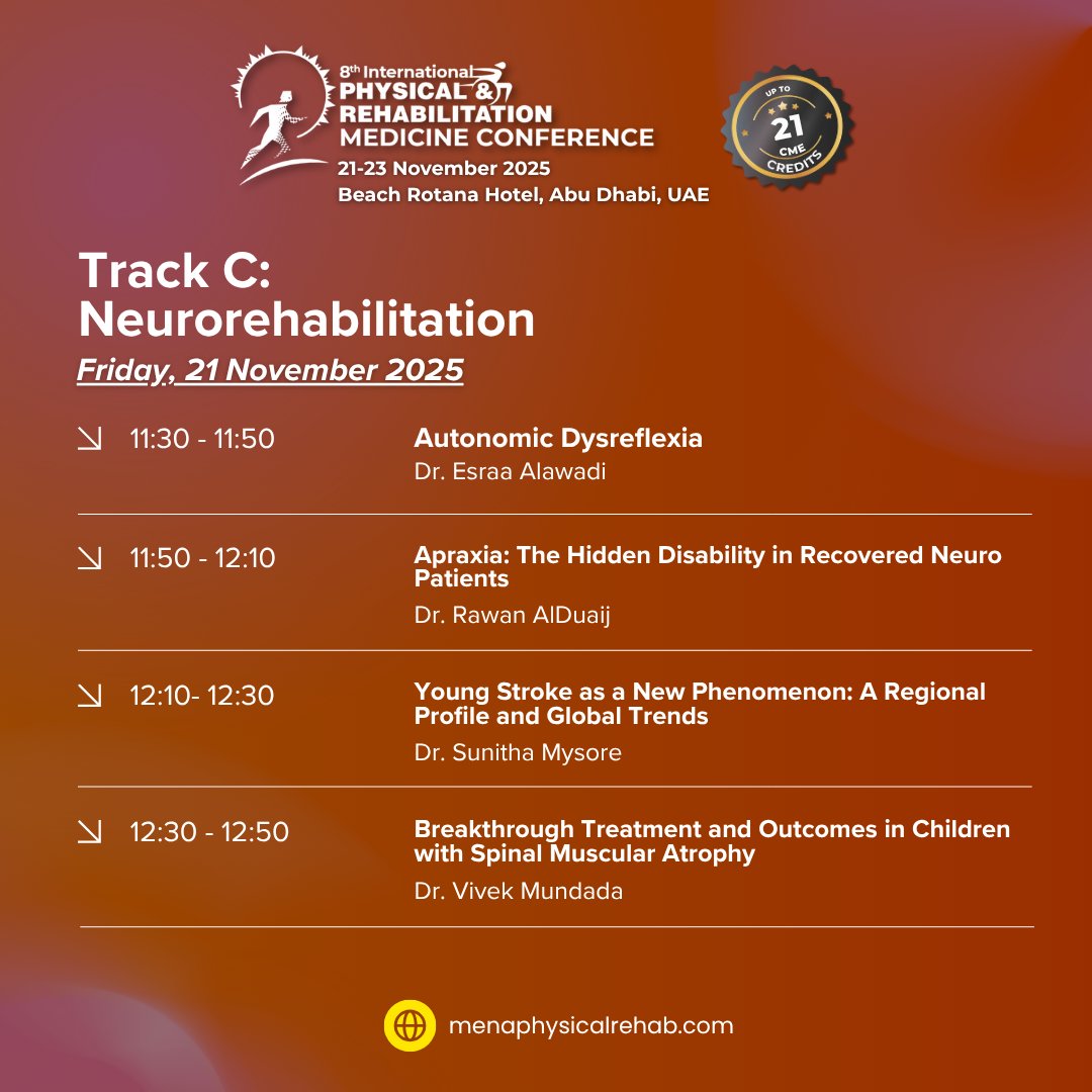 MENArehab's tweet photo. 🧠 Track C: Neurorehabilitation
A full-day lineup covering autonomic dysreflexia, apraxia, young stroke, AR neurorehab, cognitive recovery &amp; global neurorehab frameworks.
Don’t miss these cutting-edge sessions!

Register here: https://t.co/4vNXInxpXi

#pmr #rehab #abudhabi #cme https://t.co/1GtJe4Wn26