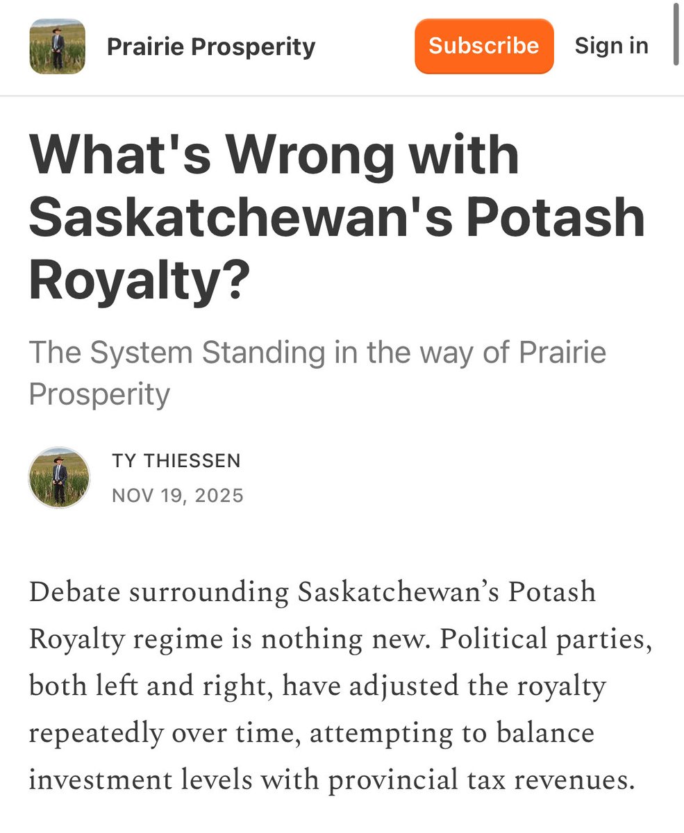 Debate amongst #Saskatchewan’s politicians regarding the potash royalty has been ill-informed and incoherent.

Before we debate royalty rates, we require a simple, efficient tax structure. We don’t have that today.

 #skpoli #cdnpoli

My first Substack ⬇️

tythiessen.substack.com/p/whats-wrong-…