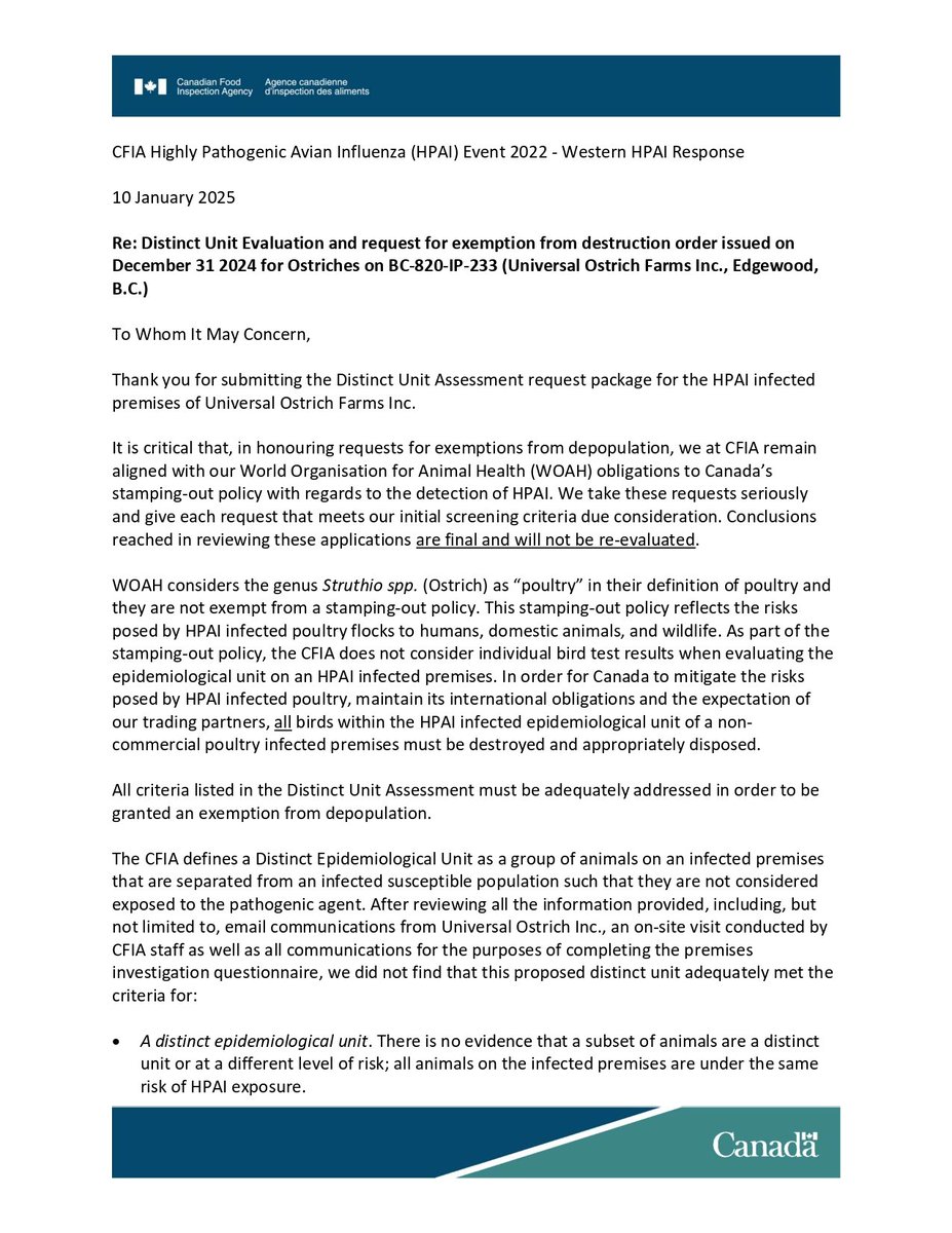 JasonLavigneAB's tweet image. 🚨 BREAKING: PROOF CFIA DENIED EXEMPTION: CALLS OSTRICHES “POULTRY,” ORDERS FINAL NO-APPEAL CULL 🚨

Here is the CFIA Decision Letter dated January 10, 2025.

The CFIA officially denied the Universal Ostrich Farm’s request for an exemption from destruction, and the reasons laid…