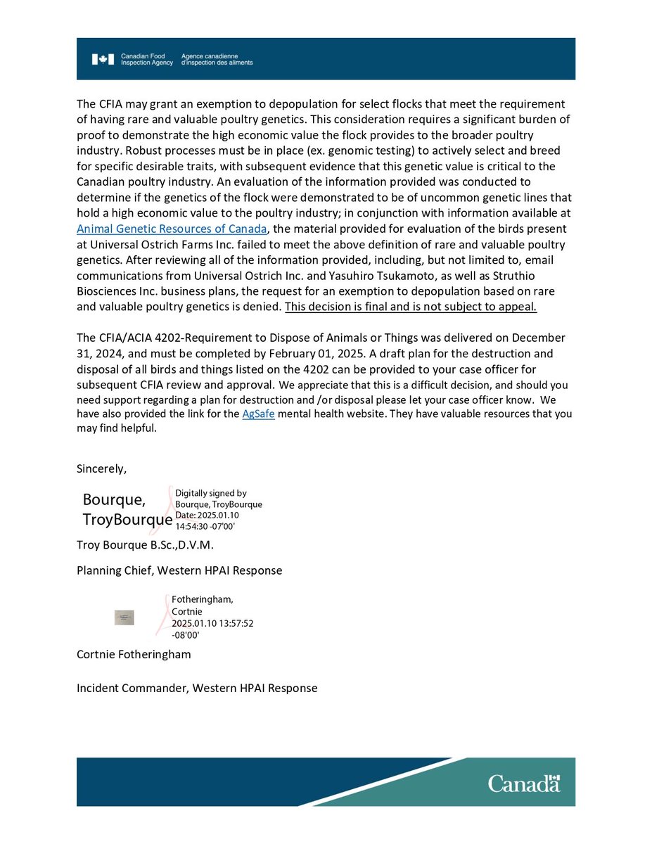 JasonLavigneAB's tweet image. 🚨 BREAKING: PROOF CFIA DENIED EXEMPTION: CALLS OSTRICHES “POULTRY,” ORDERS FINAL NO-APPEAL CULL 🚨

Here is the CFIA Decision Letter dated January 10, 2025.

The CFIA officially denied the Universal Ostrich Farm’s request for an exemption from destruction, and the reasons laid…
