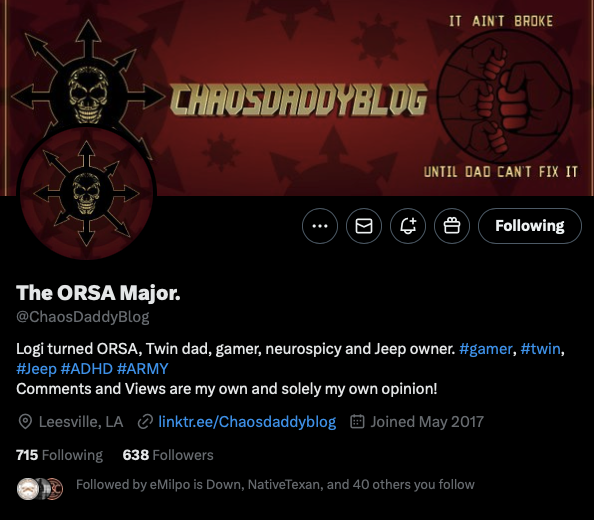 Army Vet could use some more people in his support system. Can you help?

<a href="/ChaosDaddyBlog/">The ORSA Major.</a>